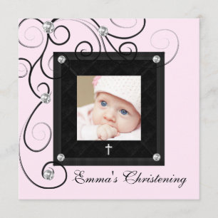 Bébé rose noir fille photo Christening Invitations