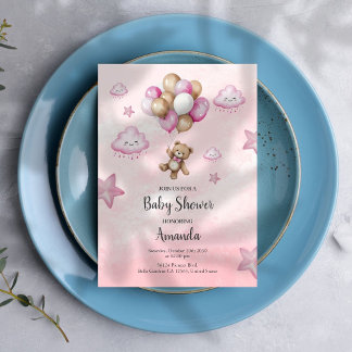 Bébé rose Ours Balloon Girl Baby shower Invitation