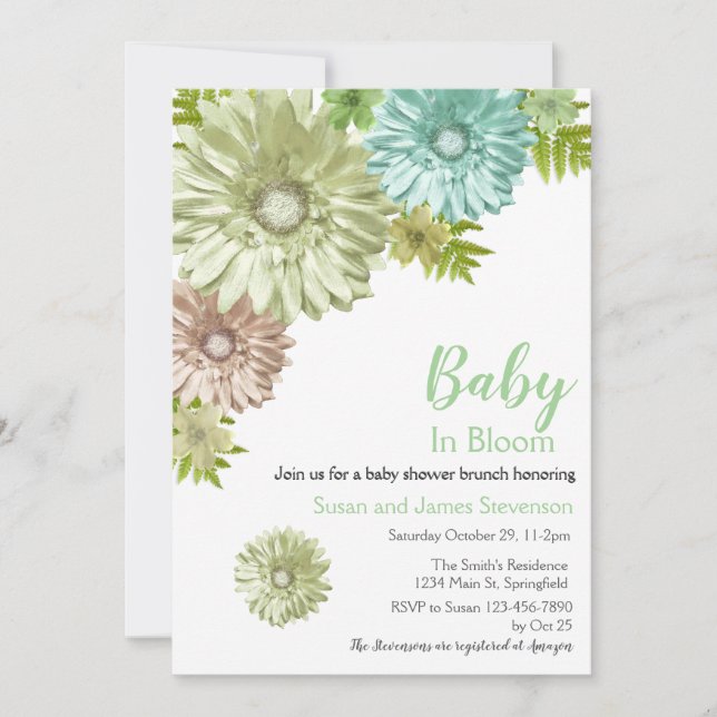 Bébé Vert En Fleur Brunch Douche Invitation (Devant)