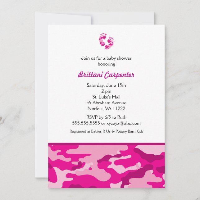 Bébée Camouflage rose Douche Invitations pieds CAM (Devant)