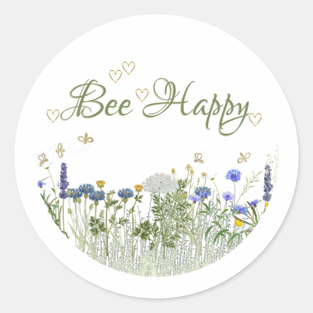 BEBEN GLÜCKLICHES Wiesenschild Blume- und Bienenbl Runder Aufkleber (Vorderseite)
