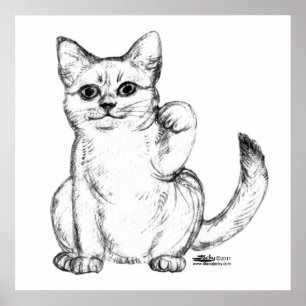 Beckoning Kitty Cat Maneki Neko Poster