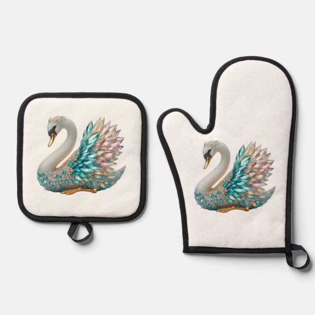 Bedazzled Diamond Swan Gold Crystal Bling Ofenhandschuh & Topflappen-Set (Vorderseite)