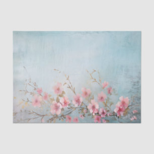 Bedrängte rosa Blumenzweige auf Hellblau Seidenpapier