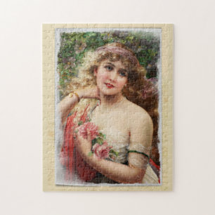 Bedrängte viktorianische Frau mit rosa Rosen