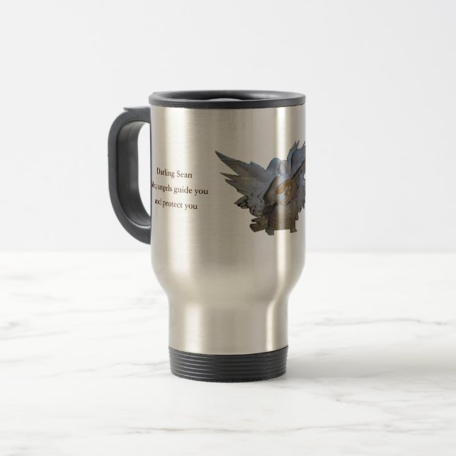 Bedruckbare Reise-Tasse, Goldengel, addieren Namen Reisebecher (Vorderseite Links)