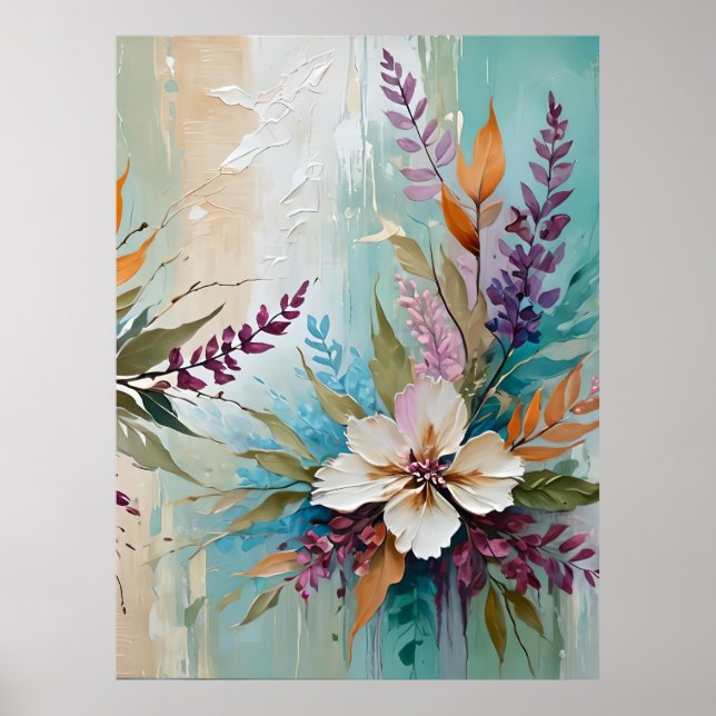Bedrückte farbenfrohe Blüte auf blau Beige Weiß Poster (Vorne)