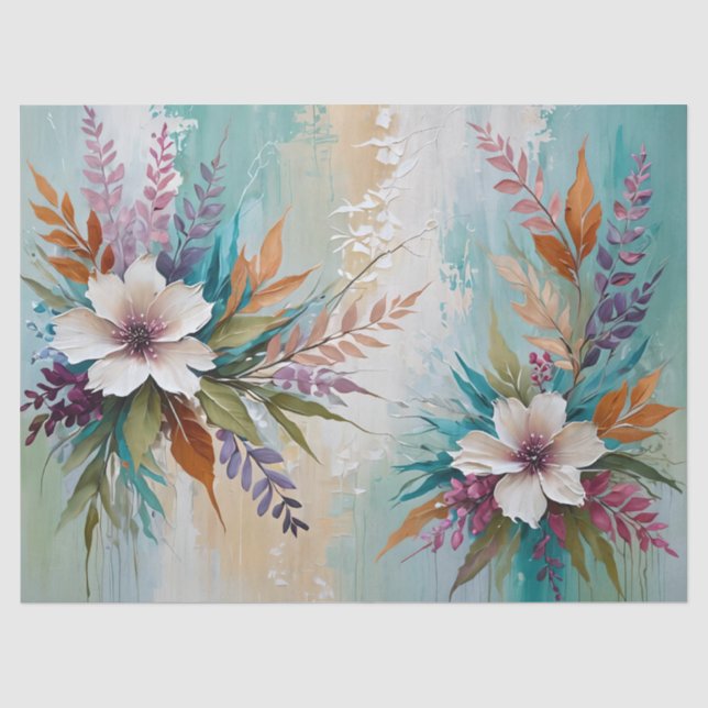 Bedrückte farbenfrohe Blüte auf blau Beige Weiß Seidenpapier (Vorderseite)