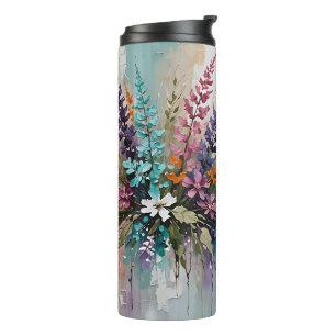 Bedrückte farbenfrohe Blüte auf blau Beige Weiß Thermosbecher