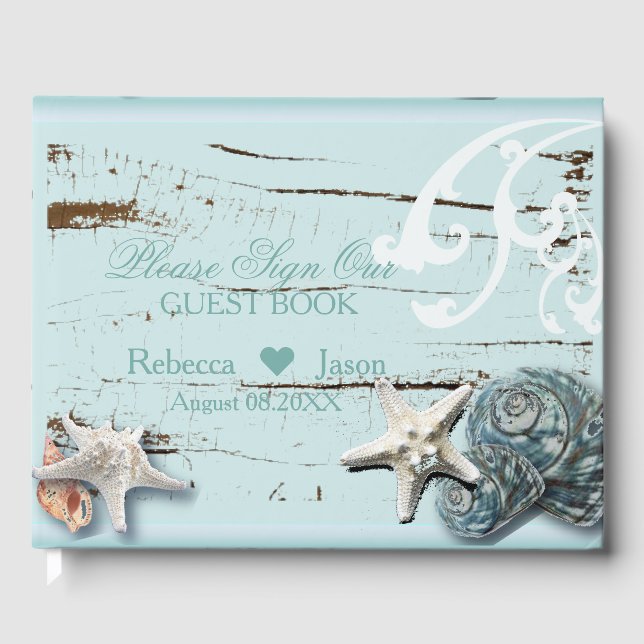 Bedrückte Hochzeit von Wood Beach Blue Seashell Gästebuch (Vorderseite)