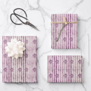 Bedrückte Motive auf Lila und Elfenbeinstreifen Geschenkpapier Set