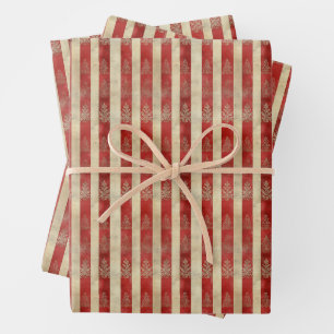Bedrückte Motive auf Rot- und Elfenbeinstreifen Geschenkpapier Set