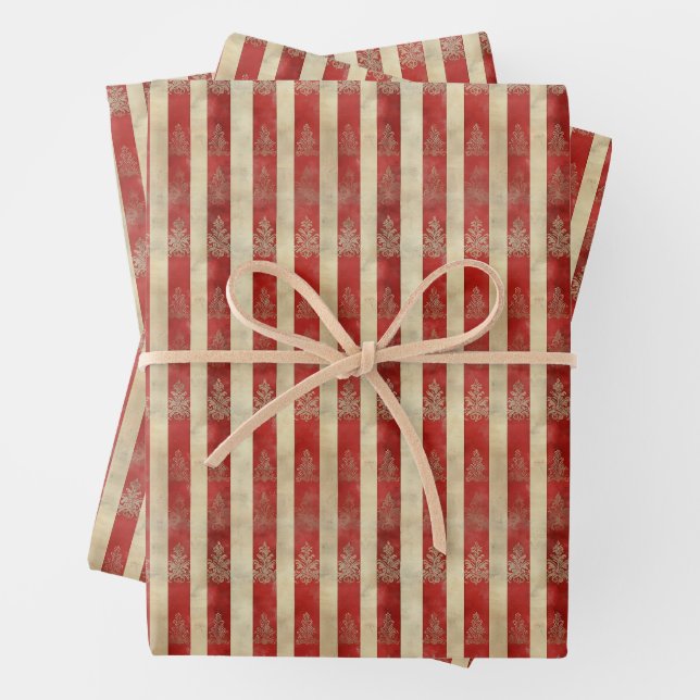 Bedrückte Motive auf Rot- und Elfenbeinstreifen Geschenkpapier Set (Beispiel)