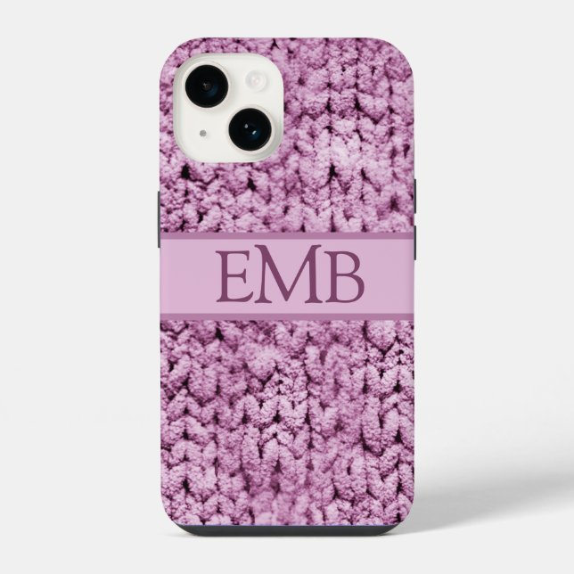 Bedruckte rosa Strick Design Custom Monogram Ladys iPhone 14 Hülle (Rückseite)