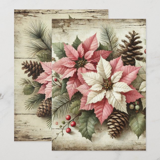 Bedruckte rustikale Wasserfarbe Winterpoinsettia Einladung (Vorne/Hinten)