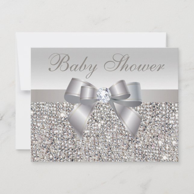 Bedruckte Silber-Sequenzen, Bow & Diamond-Baby-Dus Einladung (Vorderseite)