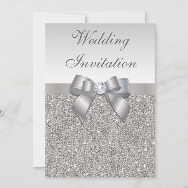Bedruckte Silberreihen Diamanten und Bow-Hochzeit Einladung (Vorderseite)