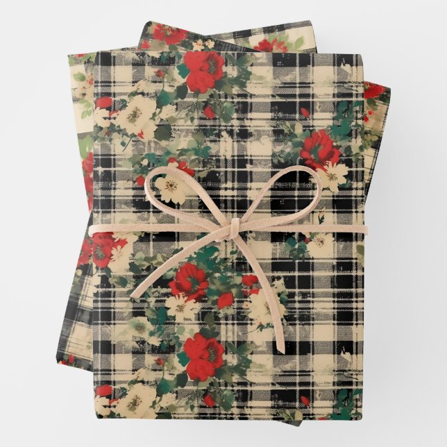 Bedrückte Weihnachten Kariert Florals Black Red Be Geschenkpapier Set (Beispiel)