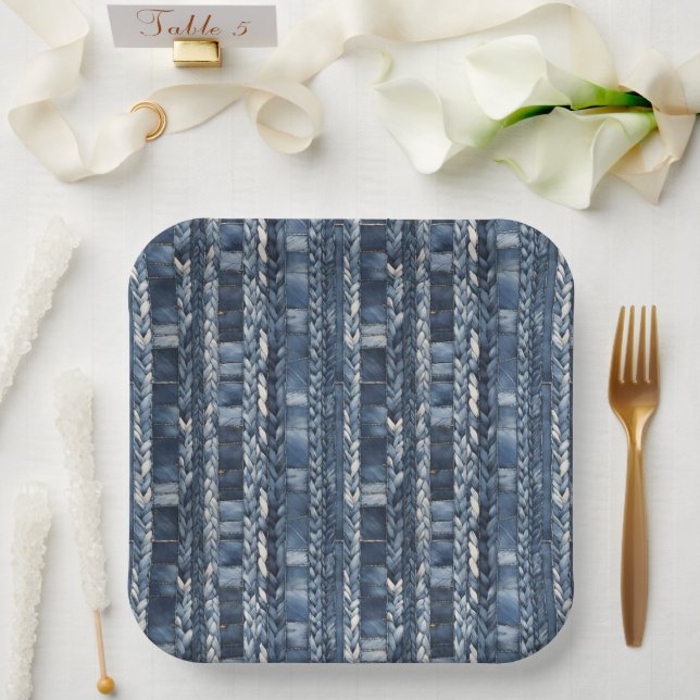 Bedrückter und geflochtener Blauer Jean Denim Pappteller (Hochzeit)