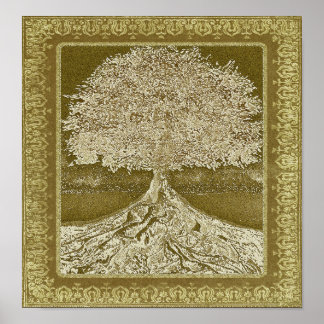 Bedrückter, Vintager, goldfarbener Baum Poster