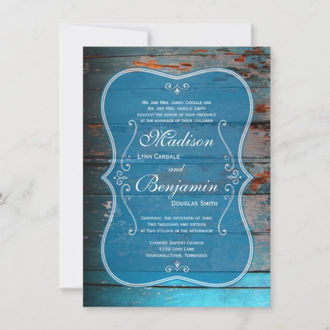 Bedrücktes blaues Holz Rustikale Hochzeitseinladun Einladung (Vorderseite)