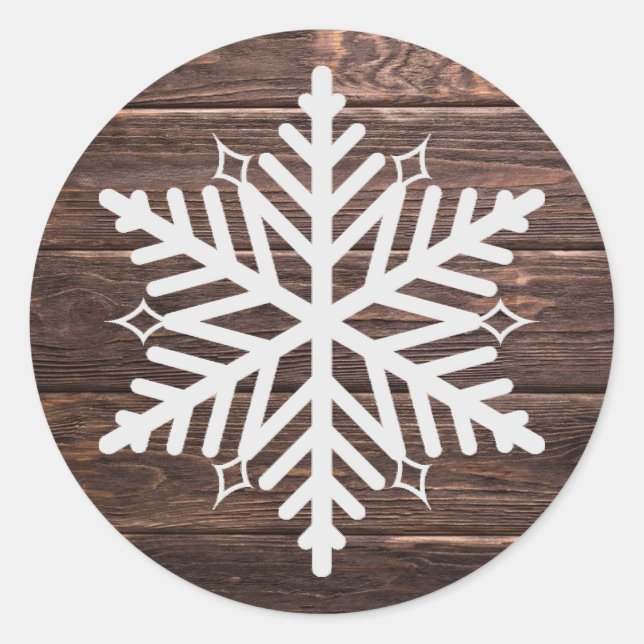 Bedrücktes Holz und weiße Schneeflocken Weihnachte Runder Aufkleber (Vorderseite)