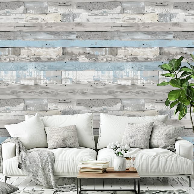 Bedrücktes Strandwochenlicht Blaues graues Zimmerm Tapete (Distressed Beachwood Light Blue Gray Room Office Wallpaper)