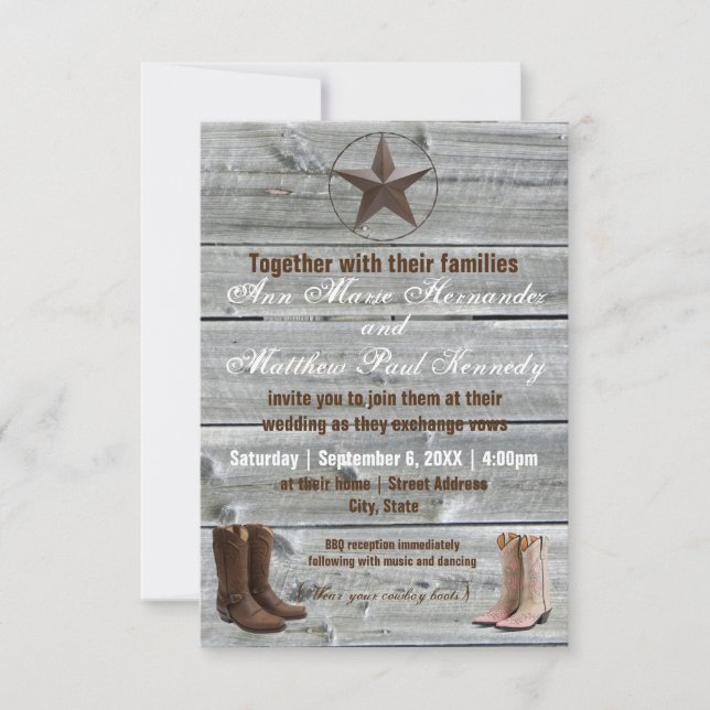 Bedrücktes Wood Cowboy Boots-3x5Wedding Einladung (Vorderseite)
