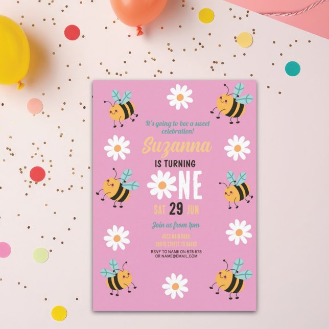 Bee Anniversaire Invitation fête Flower Daisy rose (Créateur téléchargé)