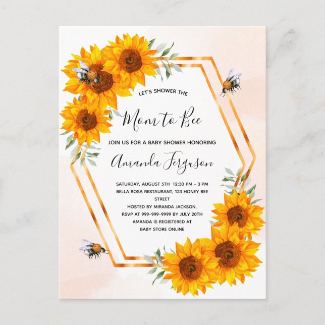 Bee Baby Dusche Sonnenblumen weißes Rosengold Postkarte (Vorderseite)
