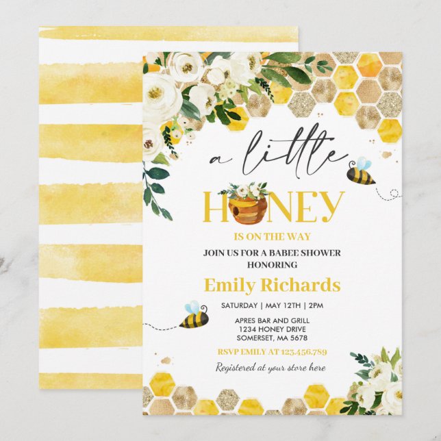 Bee Baby Duwer Gender Neutral Little Honey Einladung (Vorne/Hinten)