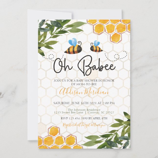 Bee Baby Shower Einladung, Oh Honey Babee neutral Einladung (Vorderseite)
