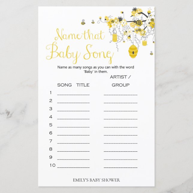 Bee Baby Shower Game - Benennen Sie das Baby Song (Vorderseite)