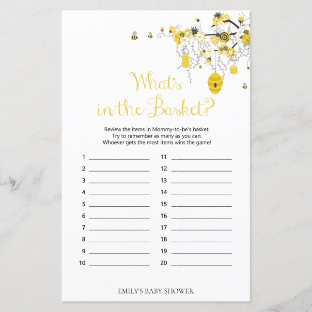 Bee Baby Shower Game - Was ist im Basket Game? (Vorderseite)