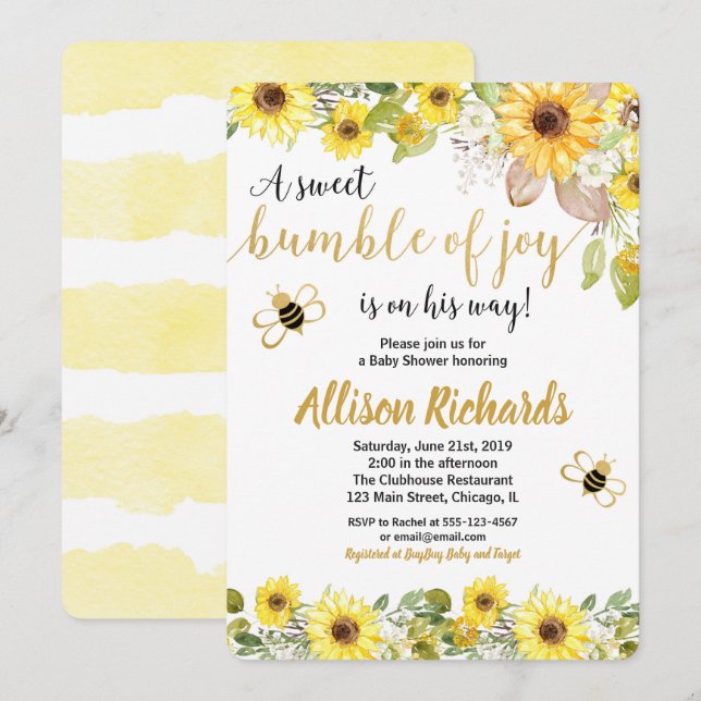 Bee baby shower invitation garçon jaune bourdon (Devant / Derrière)