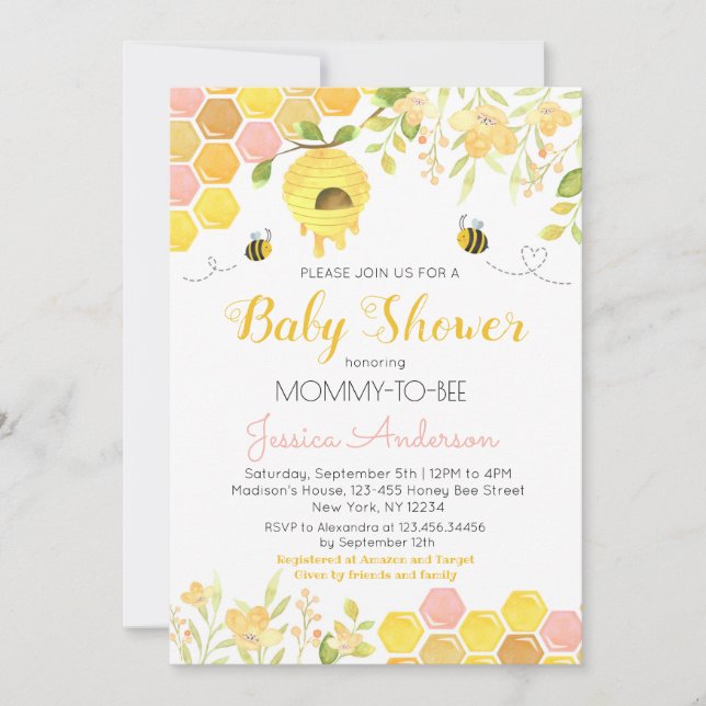 Bee Baby Shower Invitations Baby Girl (Devant)