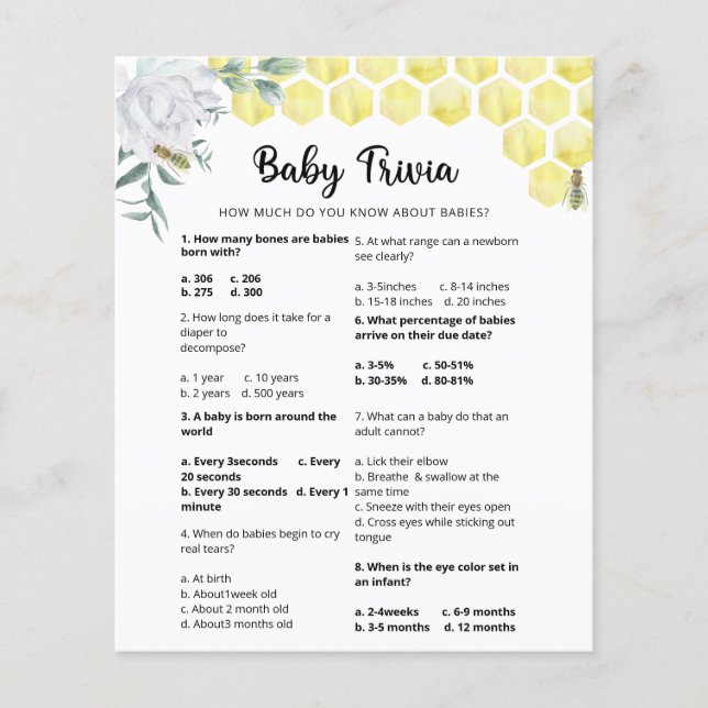Bee Baby Trivia | Baby Showspiel (Vorderseite)