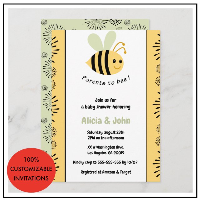 Bee bébé invitations douche coed bumblebee (Bee baby shower invitations coed bumblebee gender neutral)