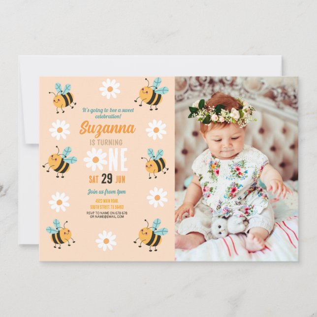 Bee Birthday Foto Party Blume Daisy Insect Einladung (Vorderseite)