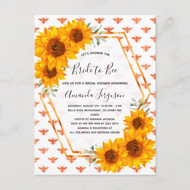 Bee Bride fleurs de soleil rose or invitation (Devant)