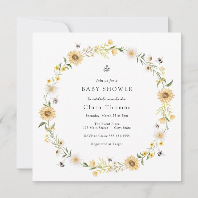 Bee Daisies Sunflowers Invitation de douche nuptia (Devant)