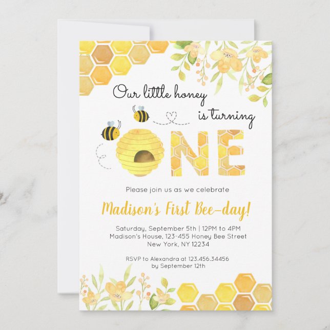 Bee First 1st Birthday party invitations Boy Girl (Devant)