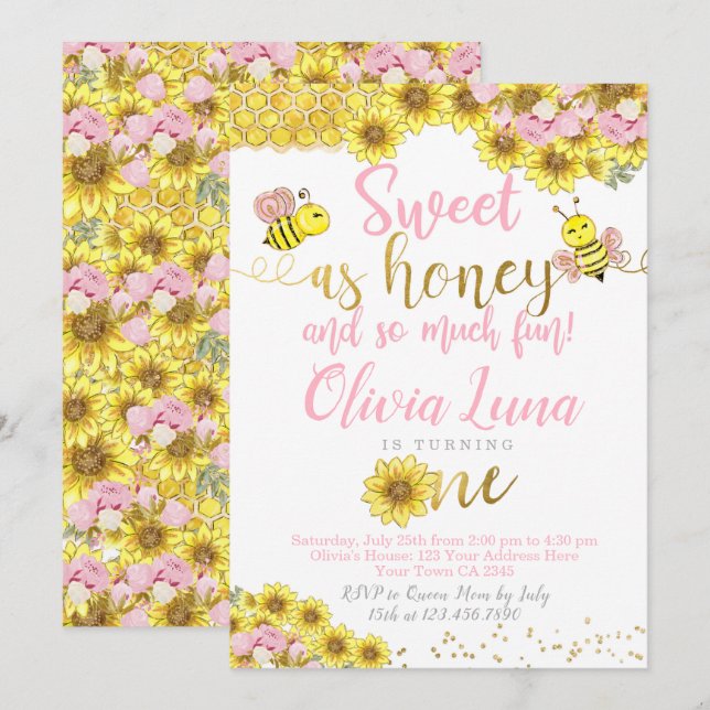 Bee First Birthday Einladung (Vorne/Hinten)