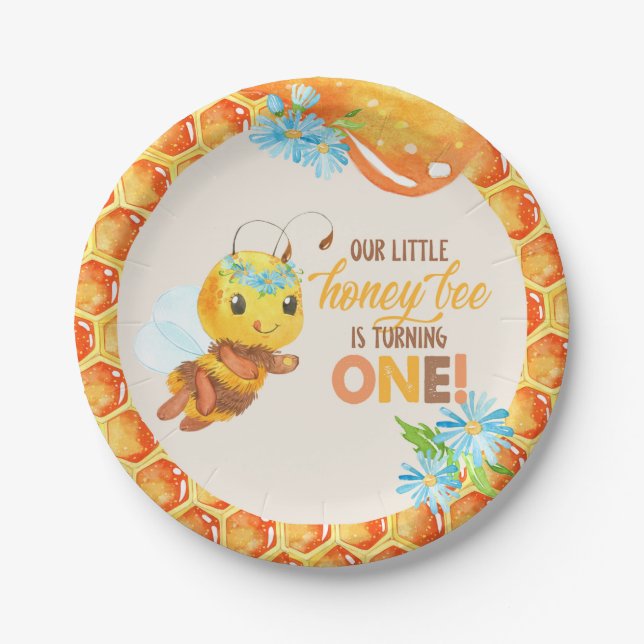 Bee First Birthday Plate - Girl Pappteller (Vorderseite)
