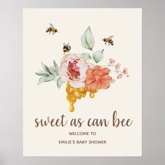 Bee Floral Honeycomb Baby Dusche Willkommen Poster (Vorne)