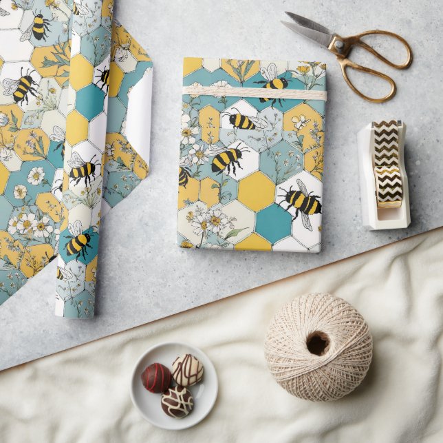 Bee Floral Honeycomb Muster mit Daisies Geschenkpapier (Kunsthandwerk)