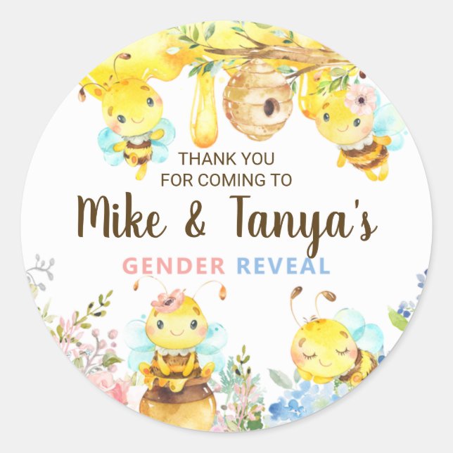Bee gender reveal thank you stickers, bumblebee. runder aufkleber (Vorderseite)