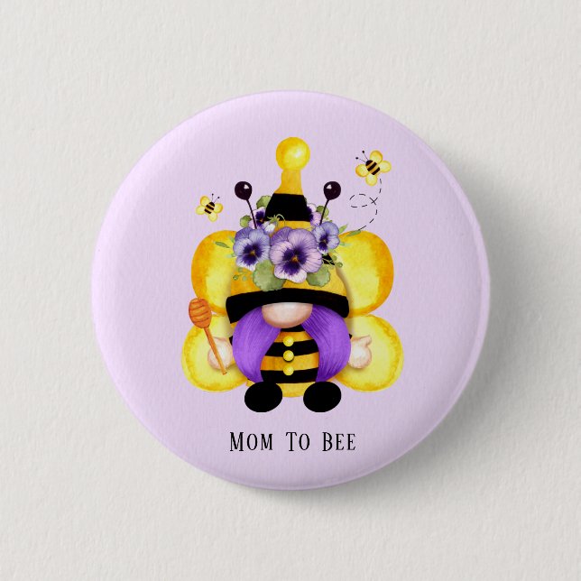 Bee Gnome Lila Yellow Baby Dusche Mama zu sein Button (Vorderseite)