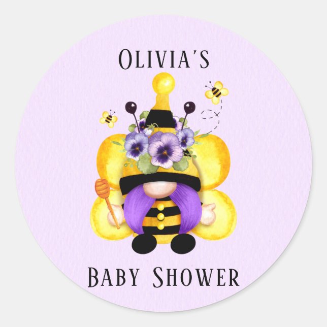 Bee Gnome Lila Yellow Baby Dusche Runder Aufkleber (Vorderseite)