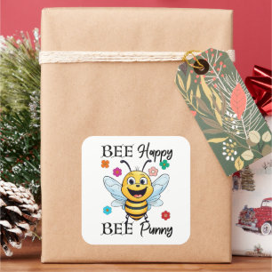 Bee Happy Bee Punny Quadratischer Aufkleber